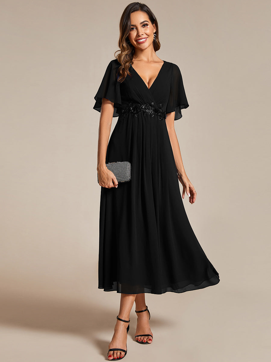 Color=Black | Applique V Neck Tea Length Wedding Guest Dress With Short Sleeves-Black 5