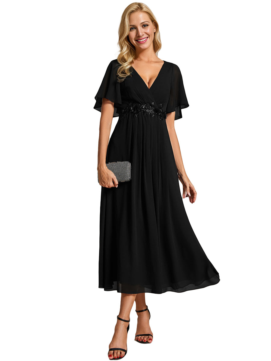 Color=Black | Applique V Neck Tea Length Wedding Guest Dress With Short Sleeves-Black 7