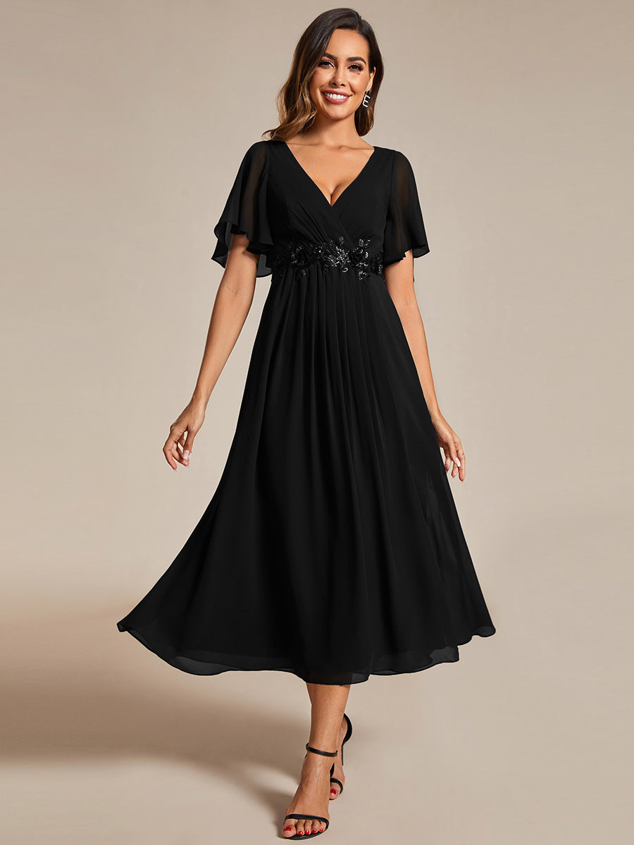 Color=Black | Applique V Neck Tea Length Wedding Guest Dress With Short Sleeves-Black 1