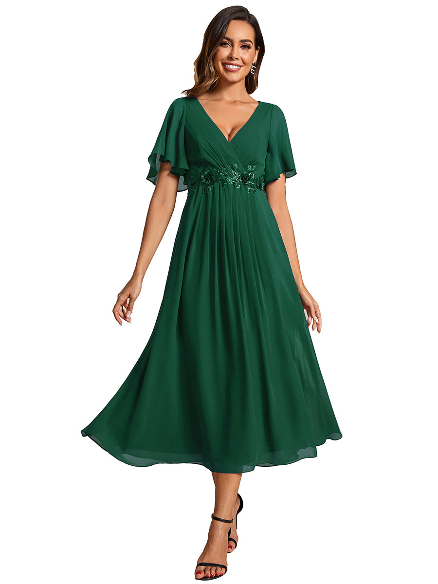Color=Dark Green | Applique V Neck Tea Length Wedding Guest Dress With Short Sleeves-Dark Green 2