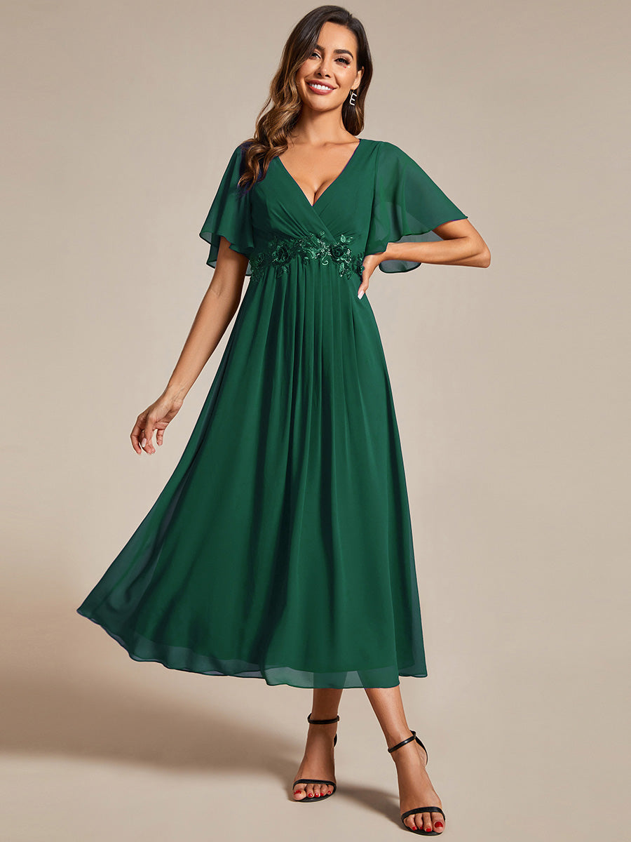Color=Dark Green | Applique V Neck Tea Length Wedding Guest Dress With Short Sleeves-Dark Green 4