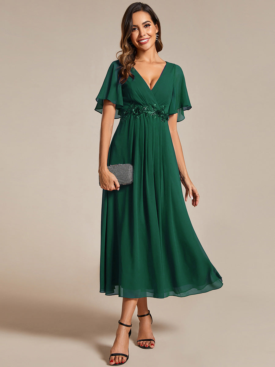 Color=Dark Green | Applique V Neck Tea Length Wedding Guest Dress With Short Sleeves-Dark Green 5