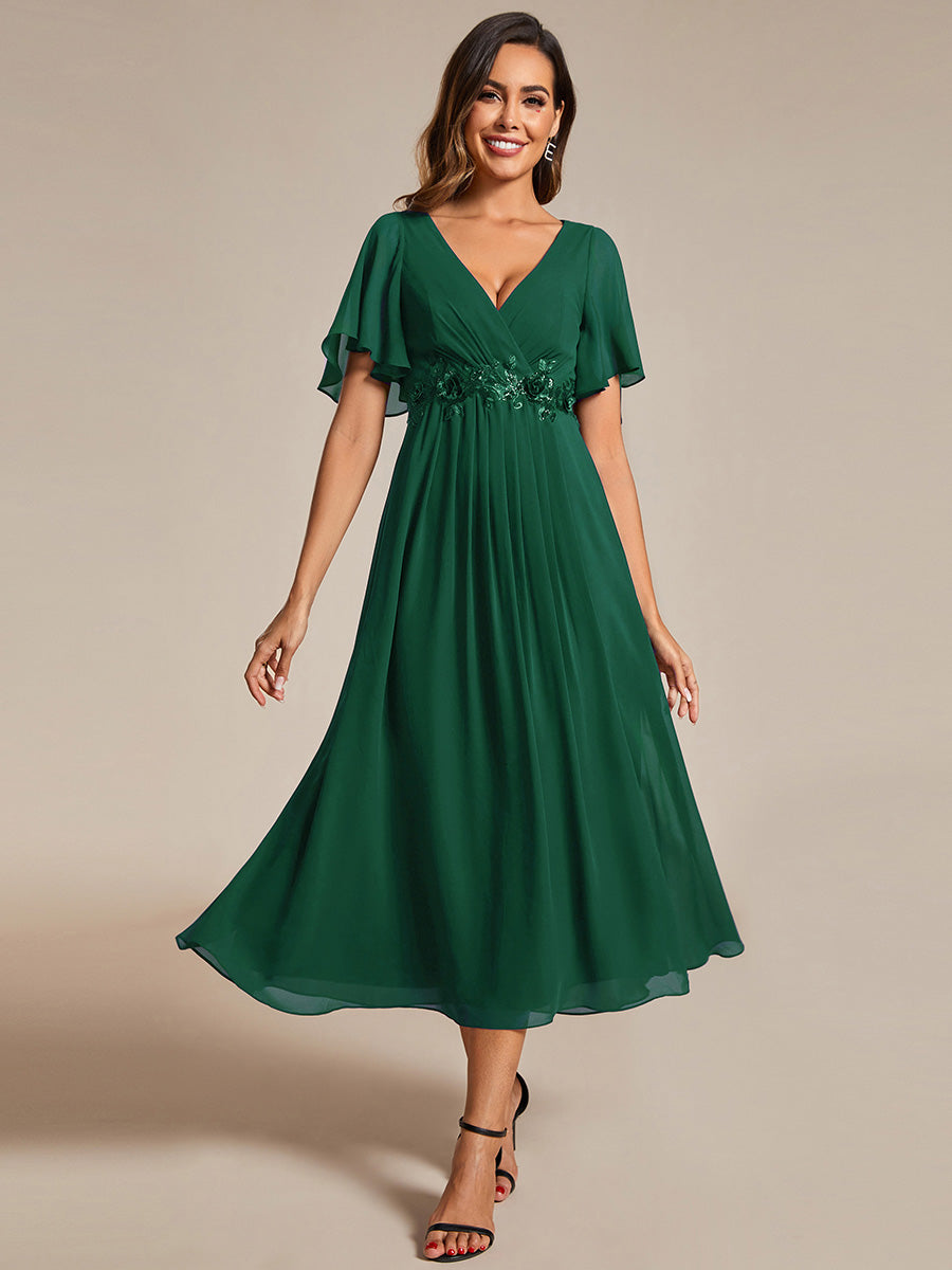 Color=Dark Green | Applique V Neck Tea Length Wedding Guest Dress With Short Sleeves-Dark Green 1