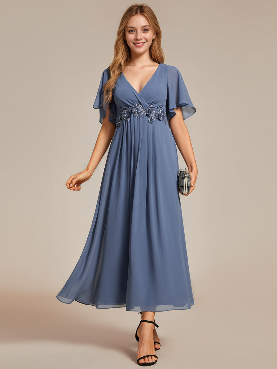 Color=Dusty Blue | Applique V Neck Tea Length Wedding Guest Dress With Short Sleeves-Dusty Blue 14