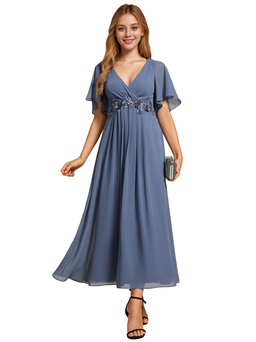 Color=Dusty Blue | Applique V Neck Tea Length Wedding Guest Dress With Short Sleeves-Dusty Blue 15