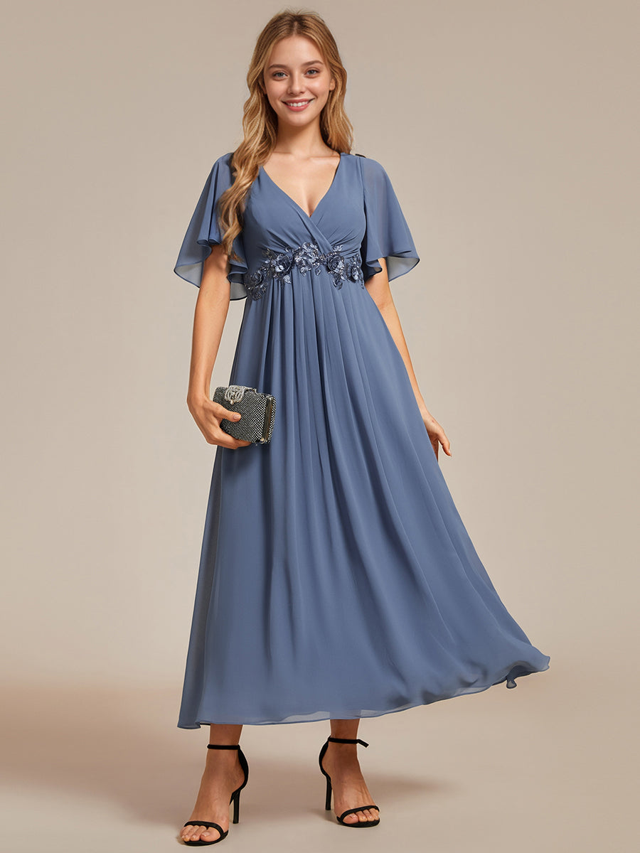 Color=Dusty Blue | Applique V Neck Tea Length Wedding Guest Dress With Short Sleeves-Dusty Blue 18