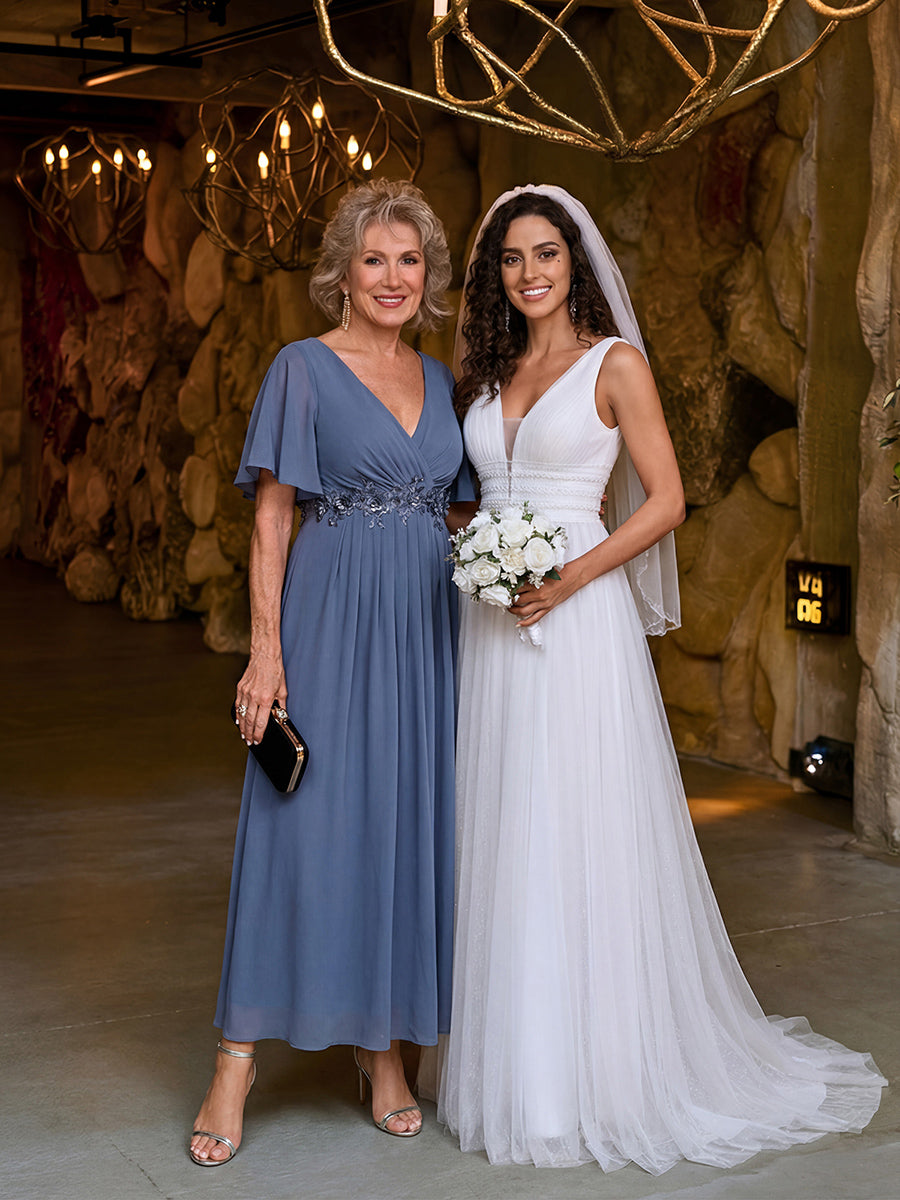 Color=Dusty Blue | Applique V Neck Tea Length Wedding Guest Dress With Short Sleeves-Dusty Blue 8