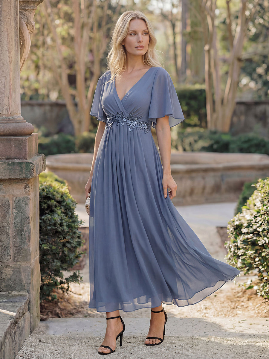 Color=Dusty Blue | Applique V Neck Tea Length Wedding Guest Dress With Short Sleeves-Dusty Blue 9