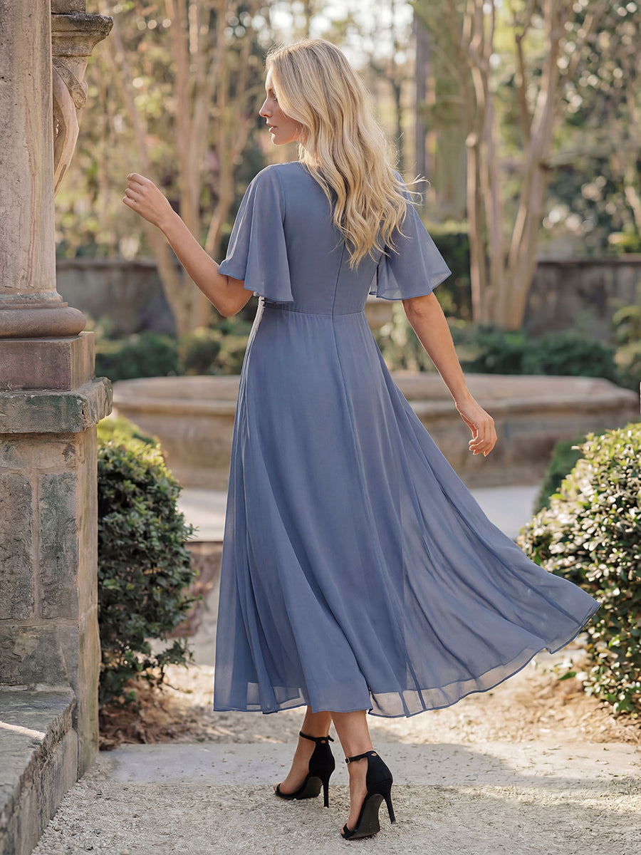 Color=Dusty Blue | Applique V Neck Tea Length Wedding Guest Dress With Short Sleeves-Dusty Blue 10
