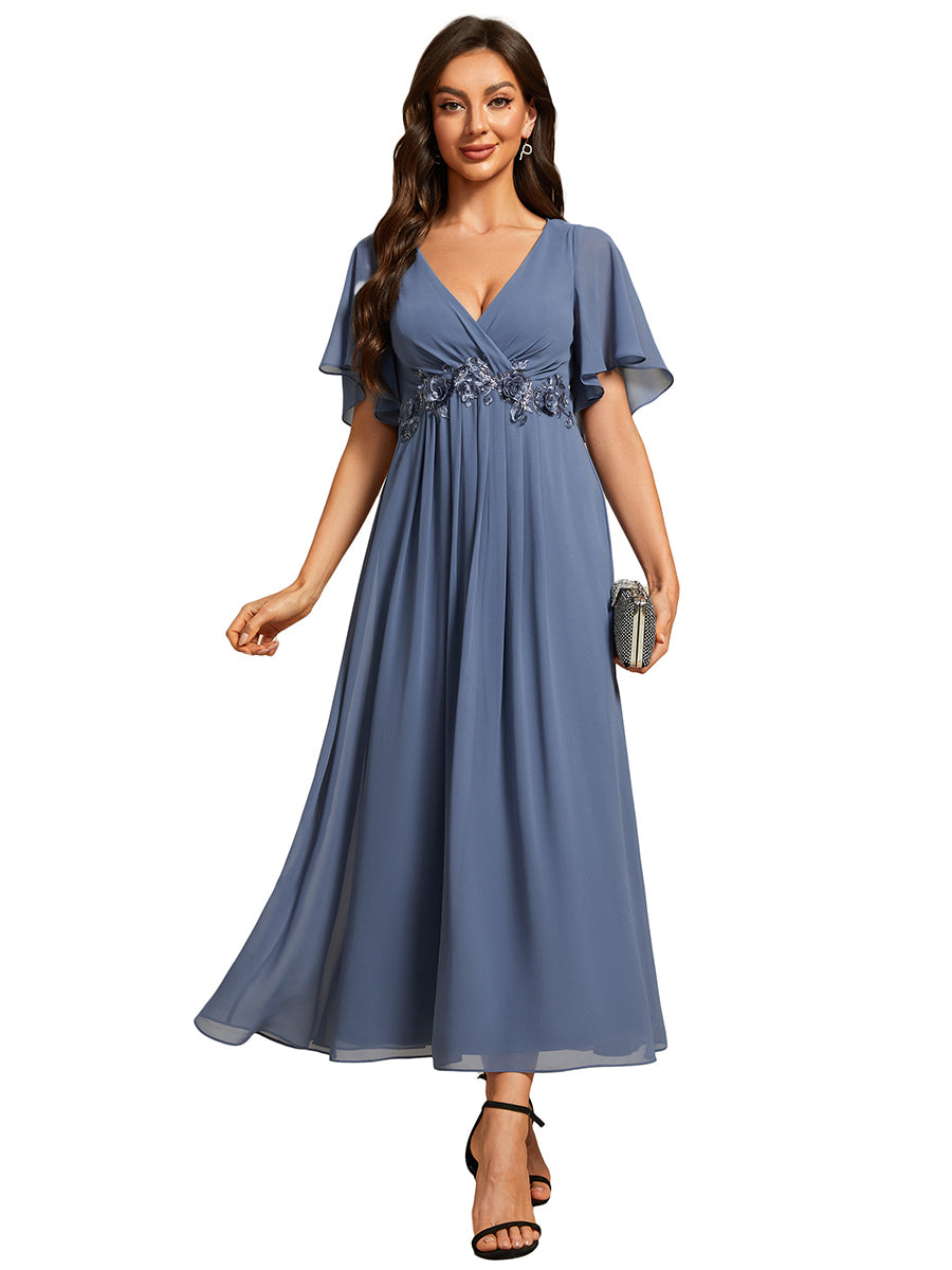 Color=Dusty Blue | Applique V Neck Tea Length Wedding Guest Dress With Short Sleeves-Dusty Blue 2