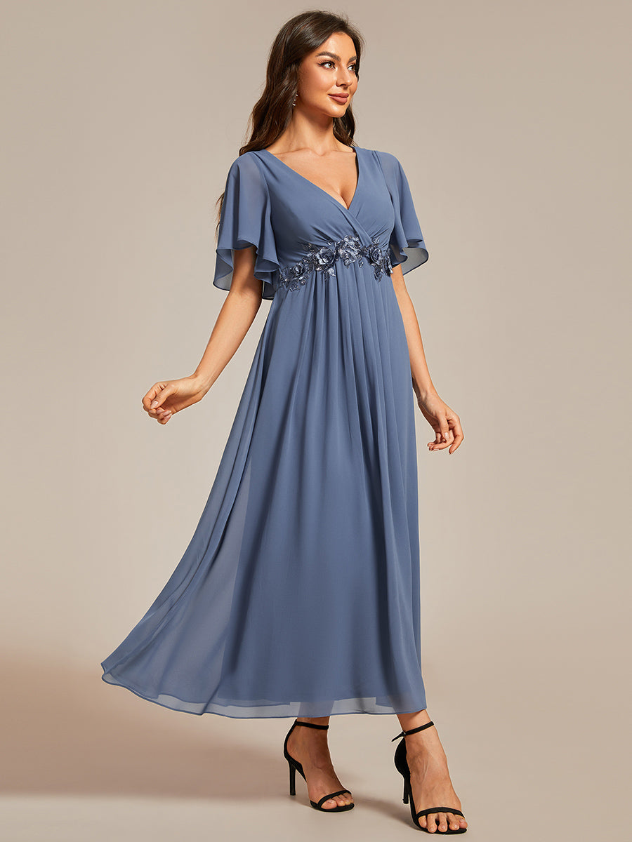 Color=Dusty Blue | Applique V Neck Tea Length Wedding Guest Dress With Short Sleeves-Dusty Blue 4