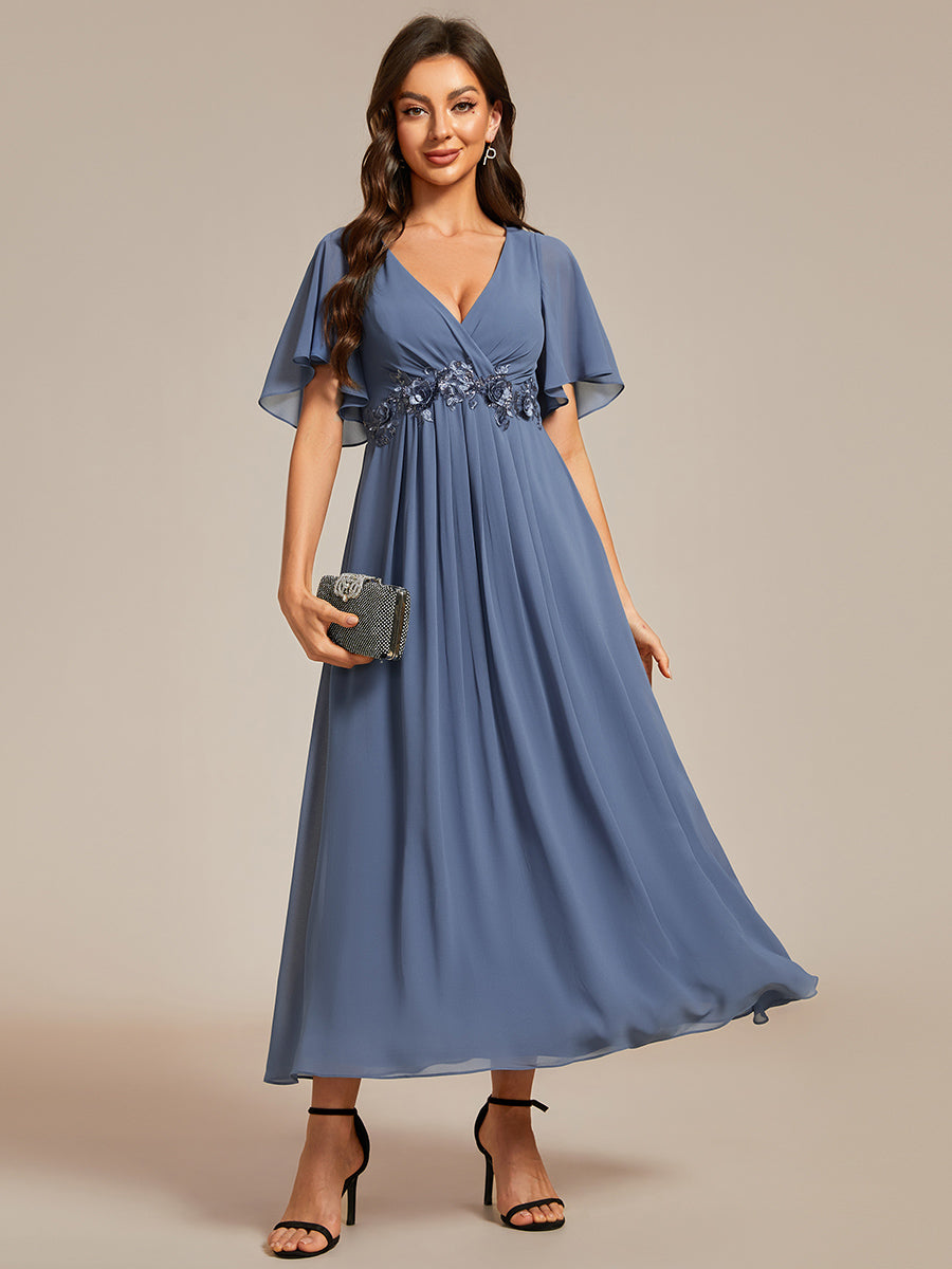 Color=Dusty Blue | Applique V Neck Tea Length Wedding Guest Dress With Short Sleeves-Dusty Blue 5