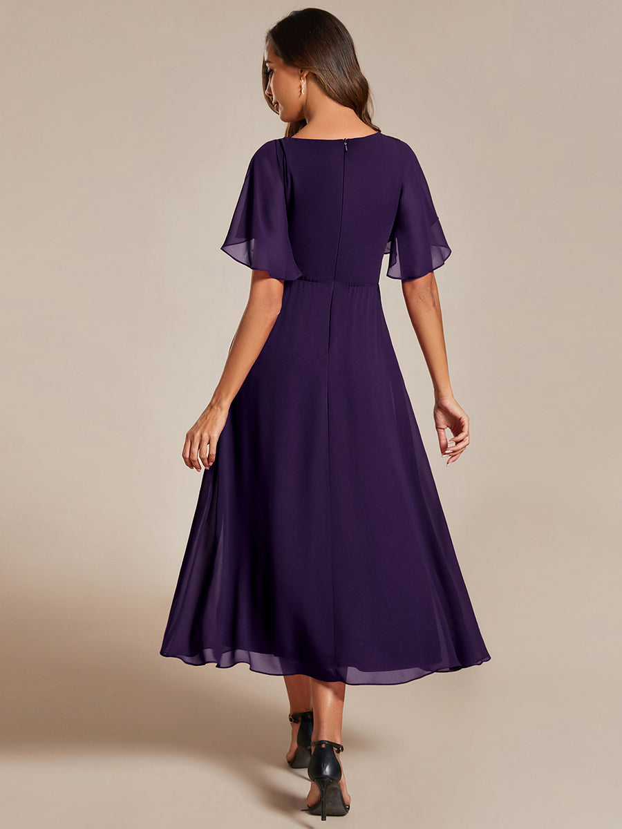 Color=Dark Purple | Applique V Neck Tea Length Wedding Guest Dress With Short Sleeves-Dark Purple 2
