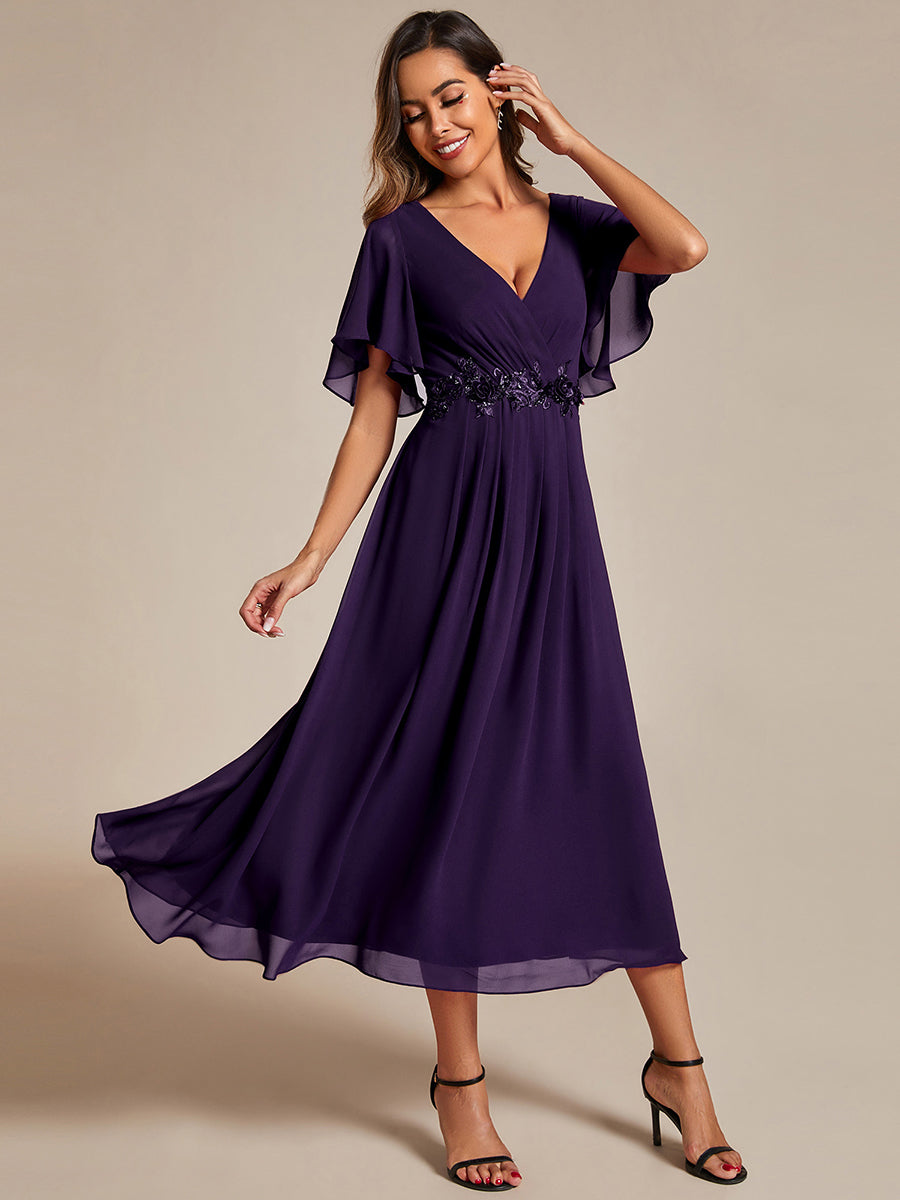 Color=Dark Purple | Applique V Neck Tea Length Wedding Guest Dress With Short Sleeves-Dark Purple 4