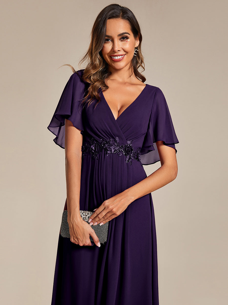 Color=Dark Purple | Applique V Neck Tea Length Wedding Guest Dress With Short Sleeves-Dark Purple 5