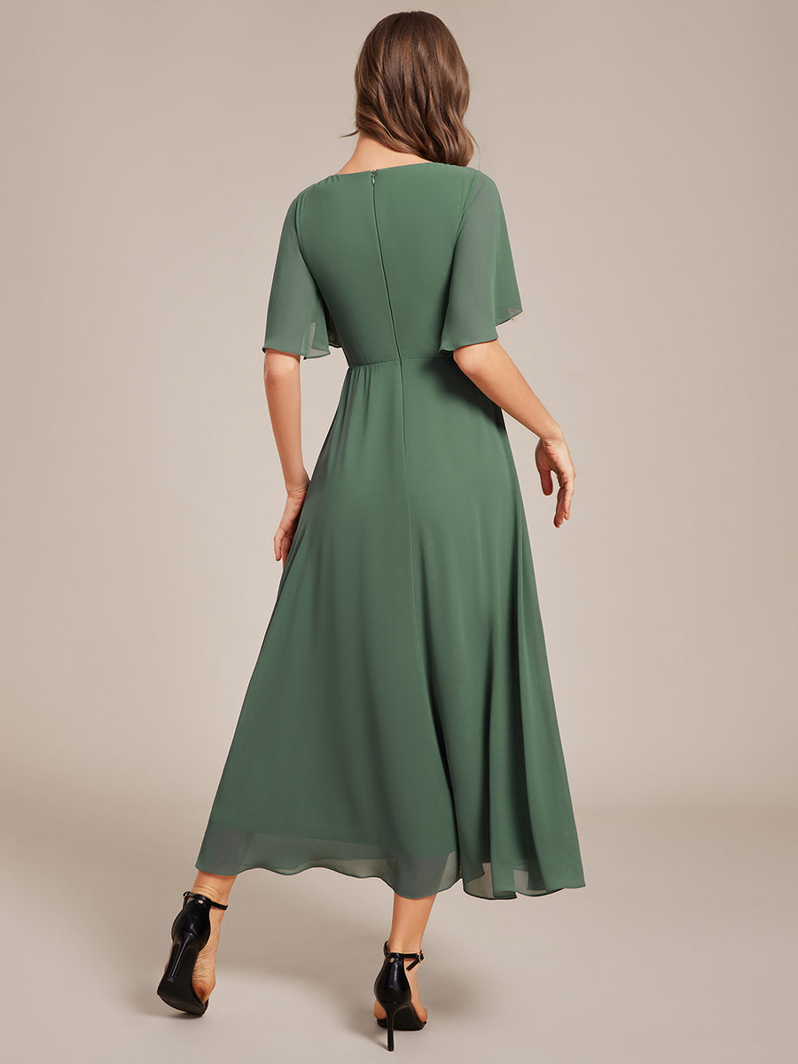 Color=EUcalyptus | Applique V Neck Tea Length Wedding Guest Dress With Short Sleeves-EUcalyptus 2