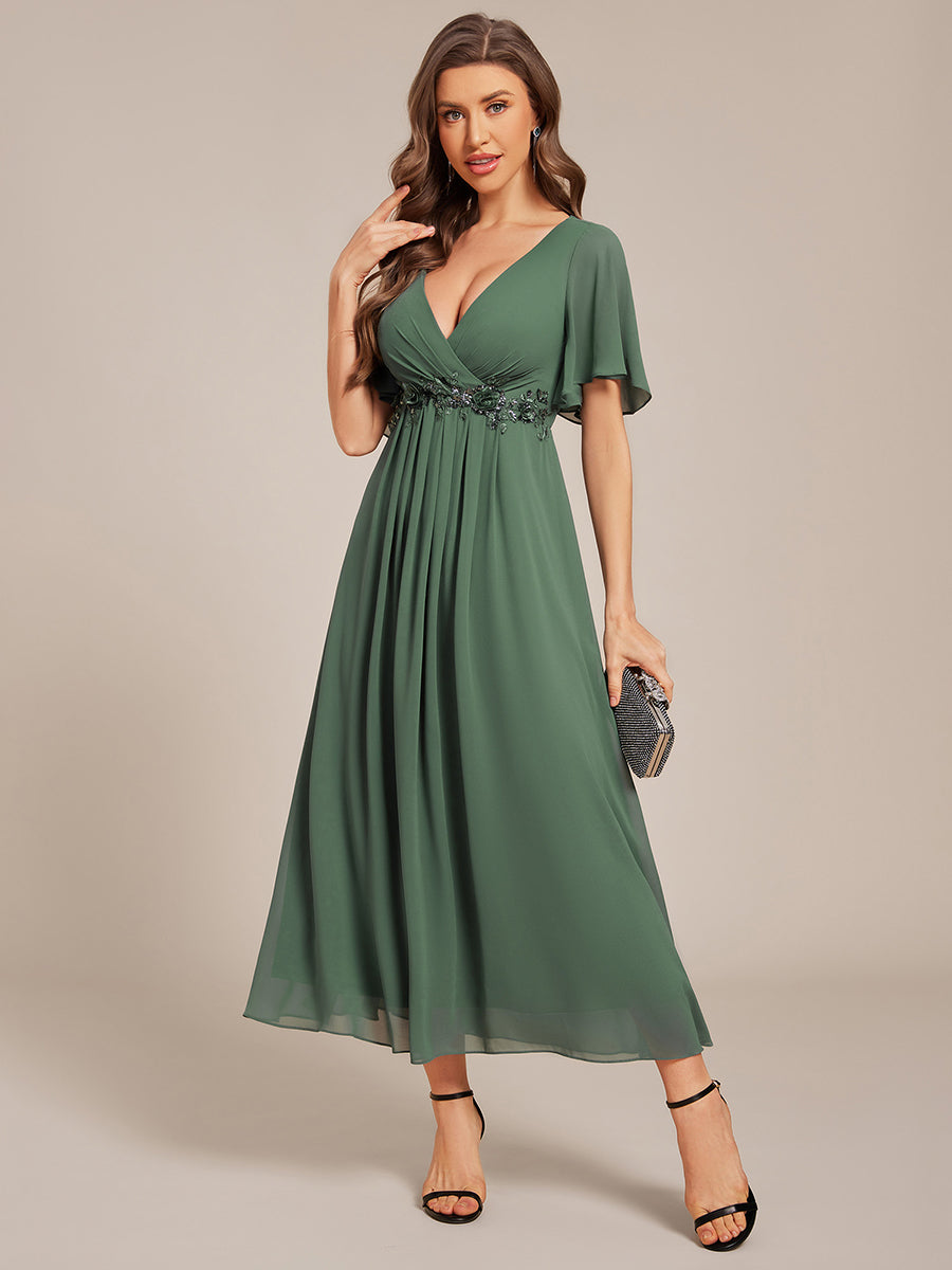 Color=EUcalyptus | Applique V Neck Tea Length Wedding Guest Dress With Short Sleeves-EUcalyptus 3