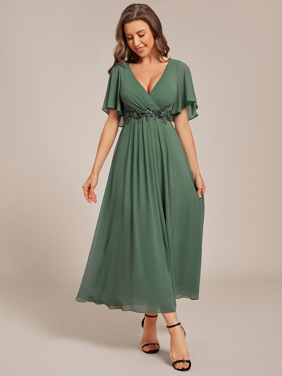 Color=EUcalyptus | Applique V Neck Tea Length Wedding Guest Dress With Short Sleeves-EUcalyptus 4