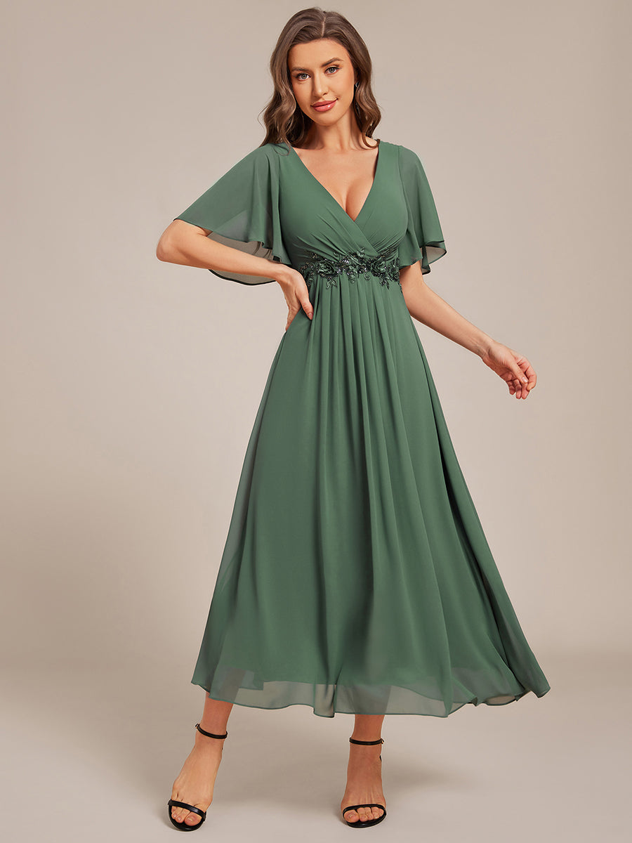 Color=EUcalyptus | Applique V Neck Tea Length Wedding Guest Dress With Short Sleeves-EUcalyptus 1