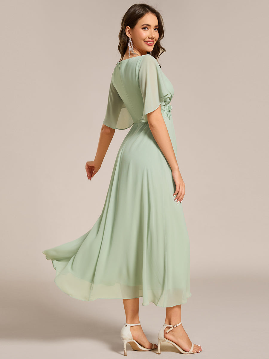 Color=Mint Green | Applique V Neck Tea Length Wedding Guest Dress With Short Sleeves-Mint Green 2