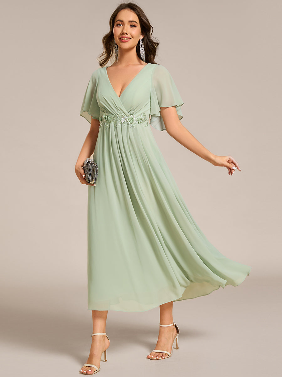 Color=Mint Green | Applique V Neck Tea Length Wedding Guest Dress With Short Sleeves-Mint Green 3