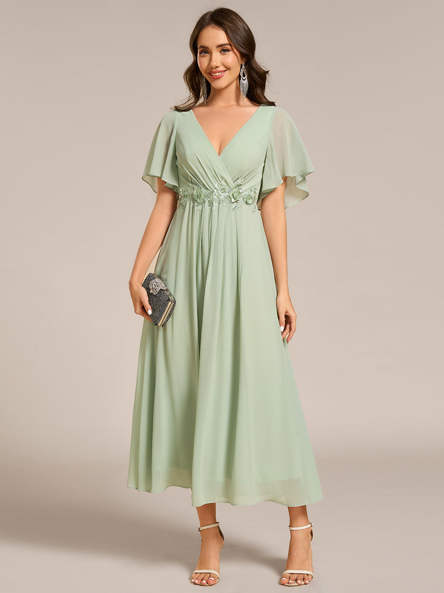 Color=Mint Green | Applique V Neck Tea Length Wedding Guest Dress With Short Sleeves-Mint Green 4