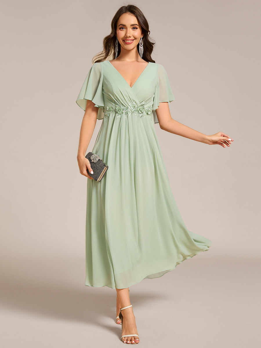 Color=Mint Green | Applique V Neck Tea Length Wedding Guest Dress With Short Sleeves-Mint Green 1