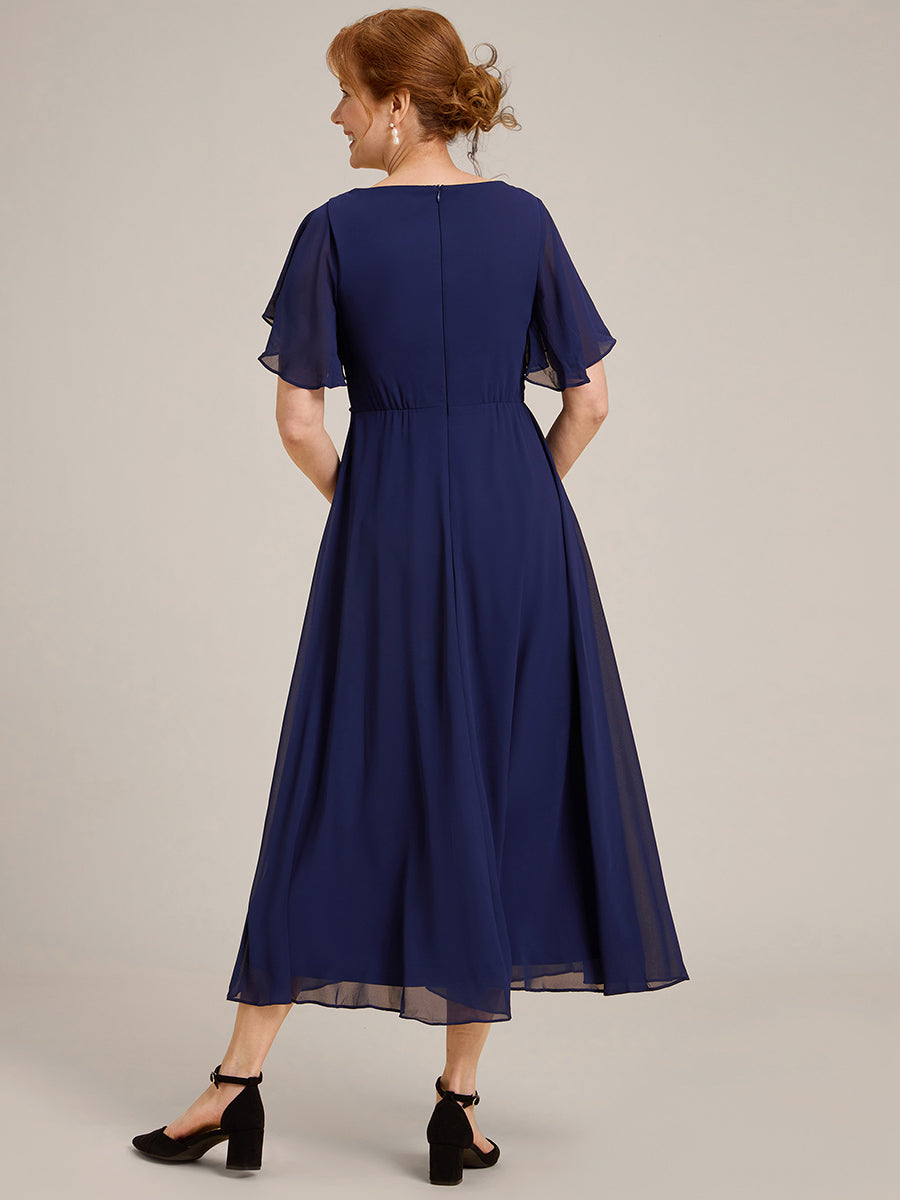 Color=Navy Blue | Applique V Neck Tea Length Wedding Guest Dress With Short Sleeves-Navy Blue 10