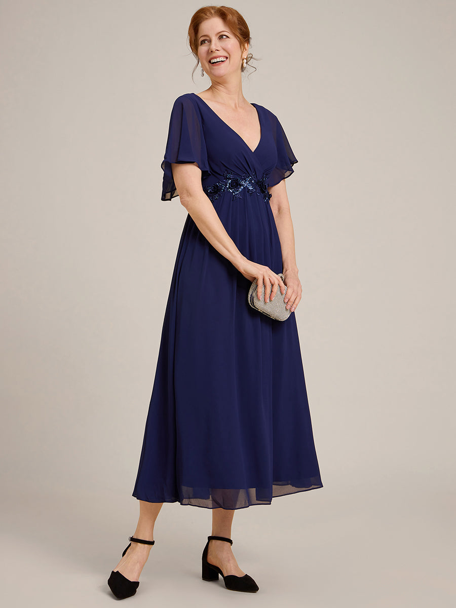 Color=Navy Blue | Applique V Neck Tea Length Wedding Guest Dress With Short Sleeves-Navy Blue 11
