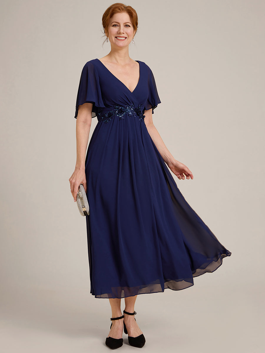 Color=Navy Blue | Applique V Neck Tea Length Wedding Guest Dress With Short Sleeves-Navy Blue 12