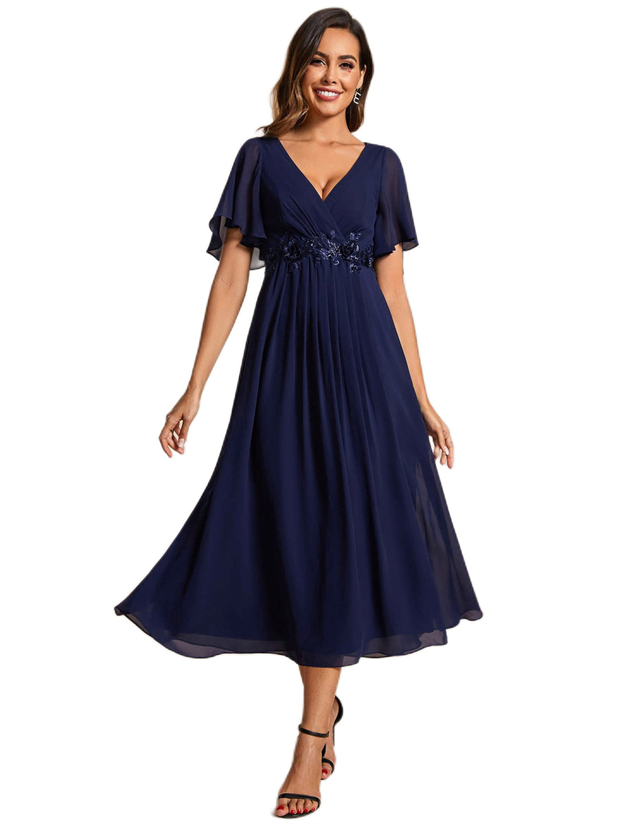 Color=Navy Blue | Applique V Neck Tea Length Wedding Guest Dress With Short Sleeves-Navy Blue 2