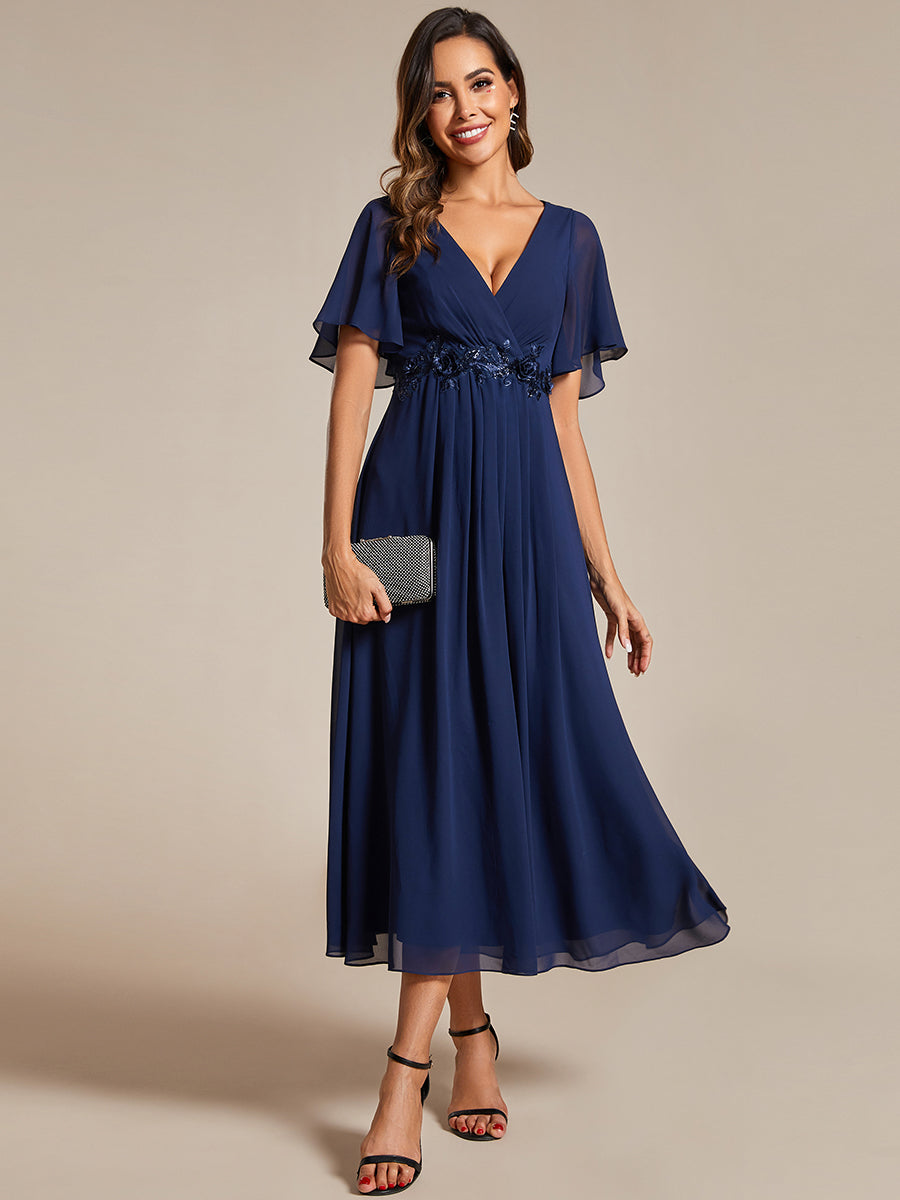 Color=Navy Blue | Applique V Neck Tea Length Wedding Guest Dress With Short Sleeves-Navy Blue 5