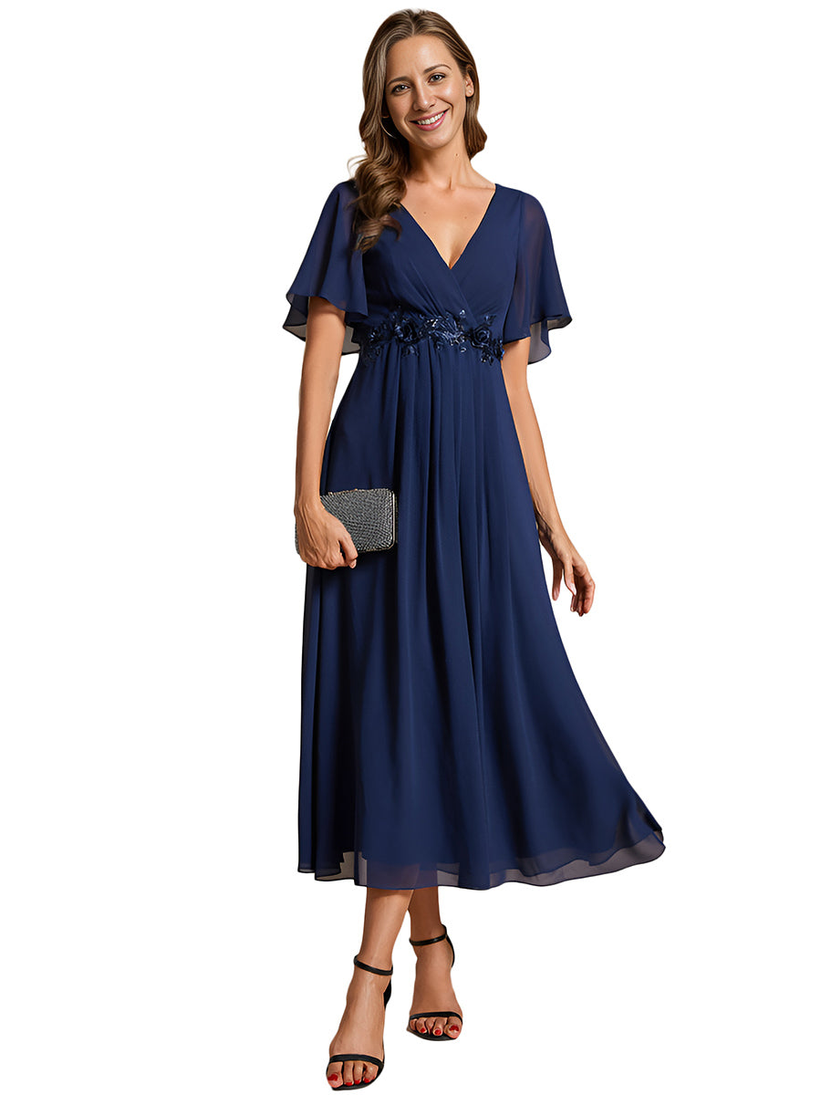Color=Navy Blue | Applique V Neck Tea Length Wedding Guest Dress With Short Sleeves-Navy Blue 7