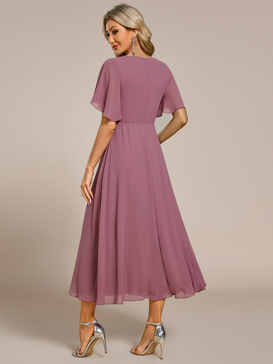 Color=Purple Orchid | Applique V Neck Tea Length Wedding Guest Dress With Short Sleeves-Purple Orchid 2