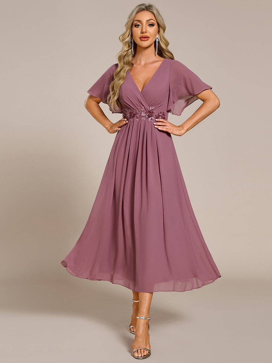 Color=Purple Orchid | Applique V Neck Tea Length Wedding Guest Dress With Short Sleeves-Purple Orchid 3
