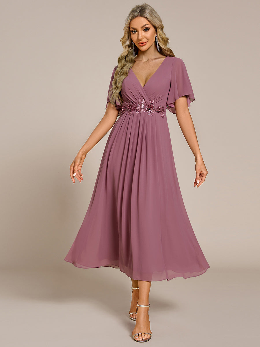 Color=Purple Orchid | Applique V Neck Tea Length Wedding Guest Dress With Short Sleeves-Purple Orchid 1
