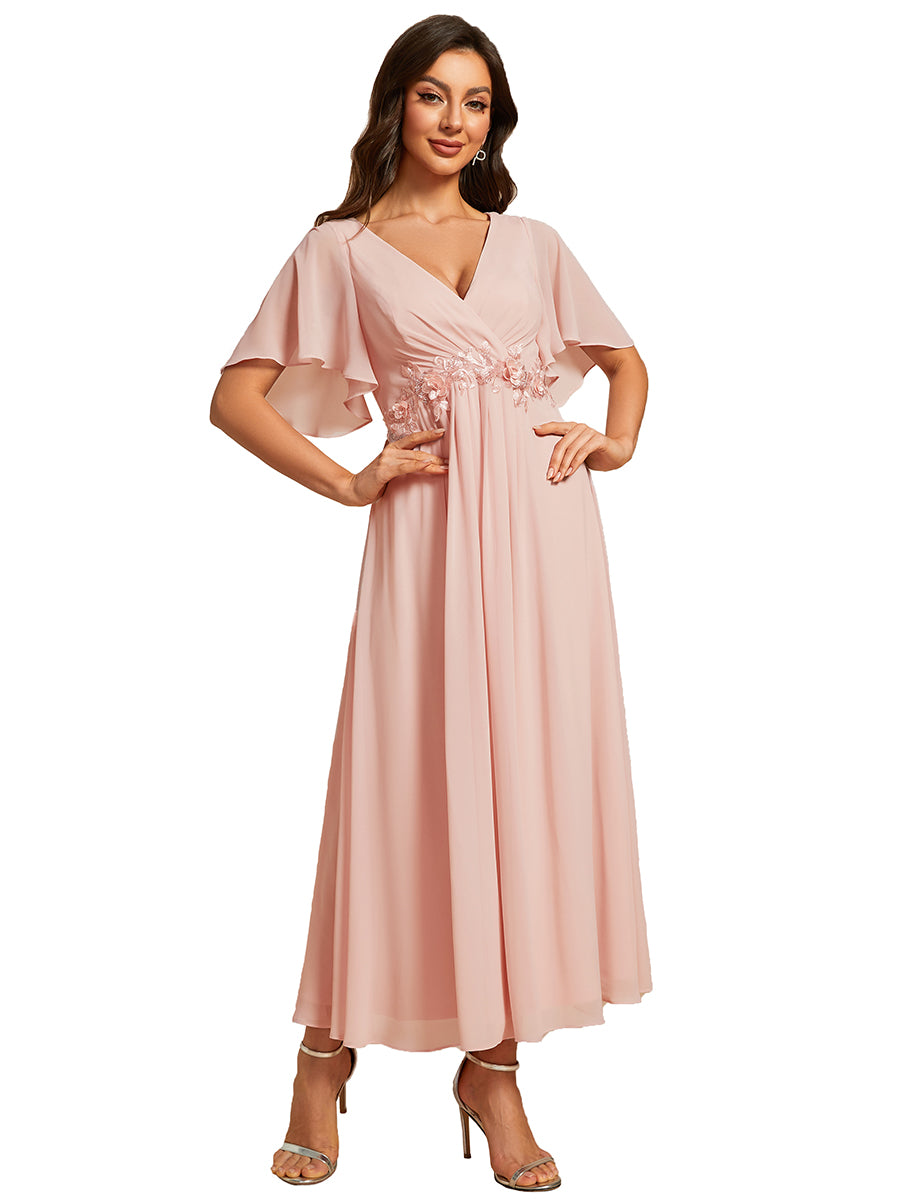 Color=Pink | Applique V Neck Tea Length Wedding Guest Dress With Short Sleeves-Pink 2