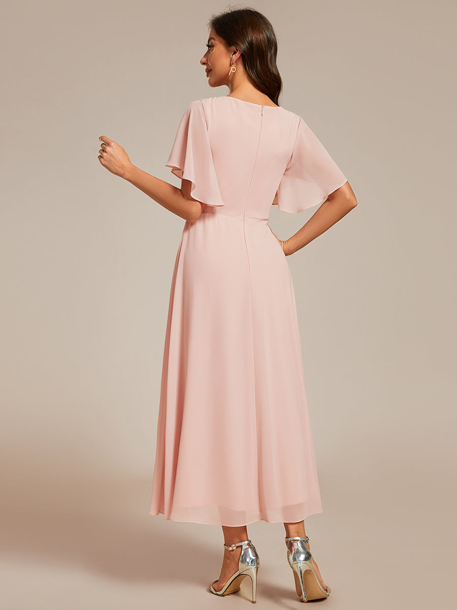 Color=Pink | Applique V Neck Tea Length Wedding Guest Dress With Short Sleeves-Pink 3