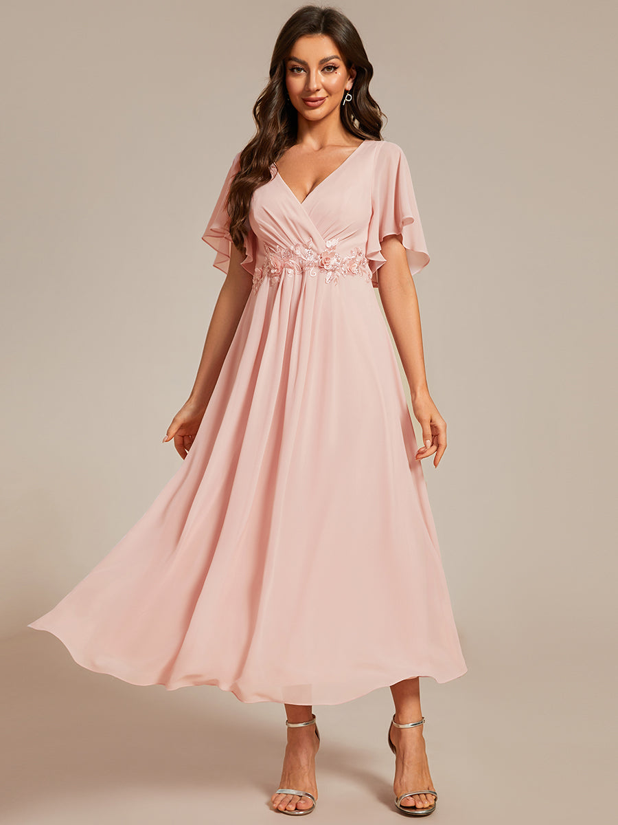 Color=Pink | Applique V Neck Tea Length Wedding Guest Dress With Short Sleeves-Pink 1