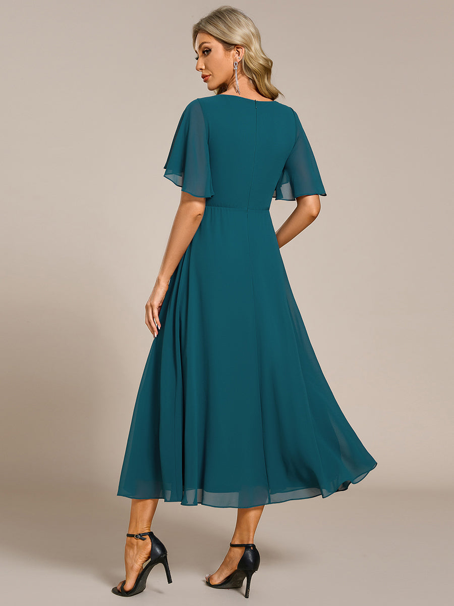 Color=Teal | Applique V Neck Tea Length Wedding Guest Dress With Short Sleeves-Teal 2