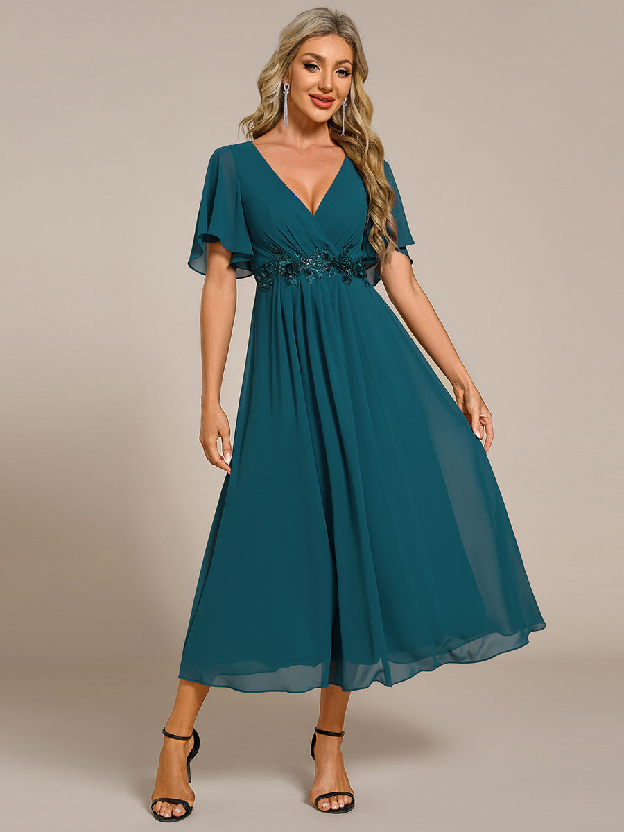 Color=Teal | Applique V Neck Tea Length Wedding Guest Dress With Short Sleeves-Teal 3
