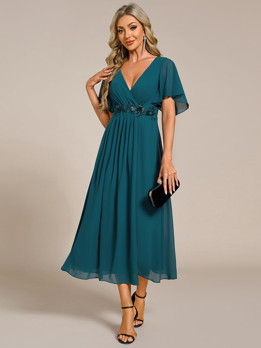 Color=Teal | Applique V Neck Tea Length Wedding Guest Dress With Short Sleeves-Teal 4