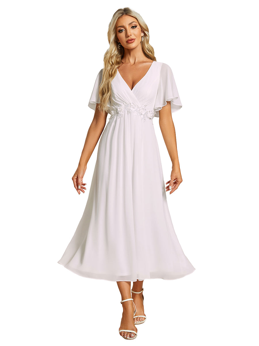 Color=White | Applique V Neck Tea Length Wedding Guest Dress With Short Sleeves-White 2