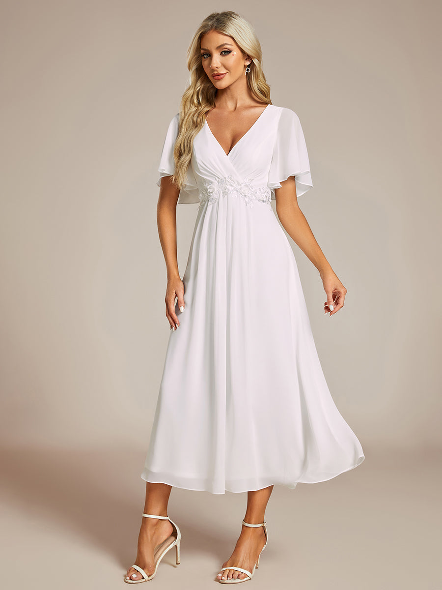 Color=White | Applique V Neck Tea Length Wedding Guest Dress With Short Sleeves-White 4