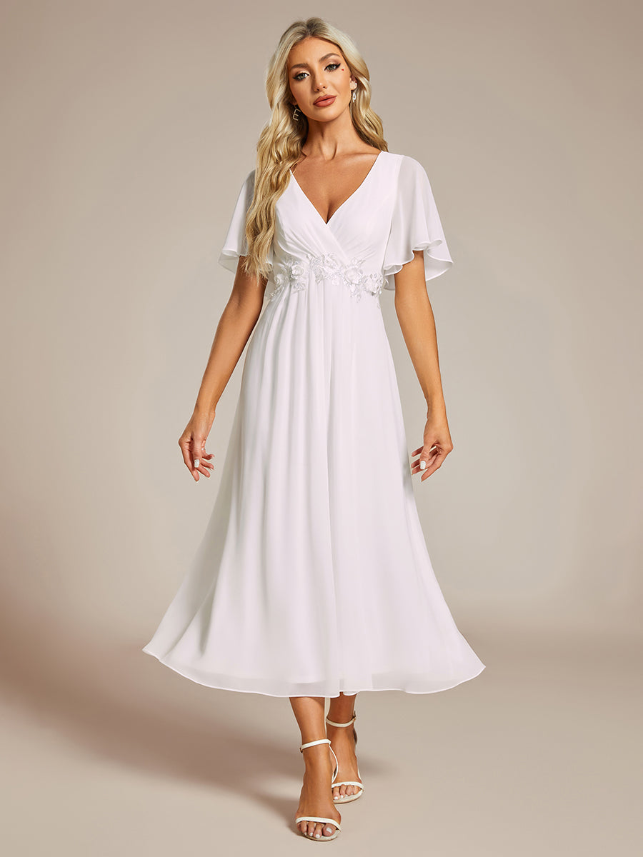 Color=White | Applique V Neck Tea Length Wedding Guest Dress With Short Sleeves-White 1