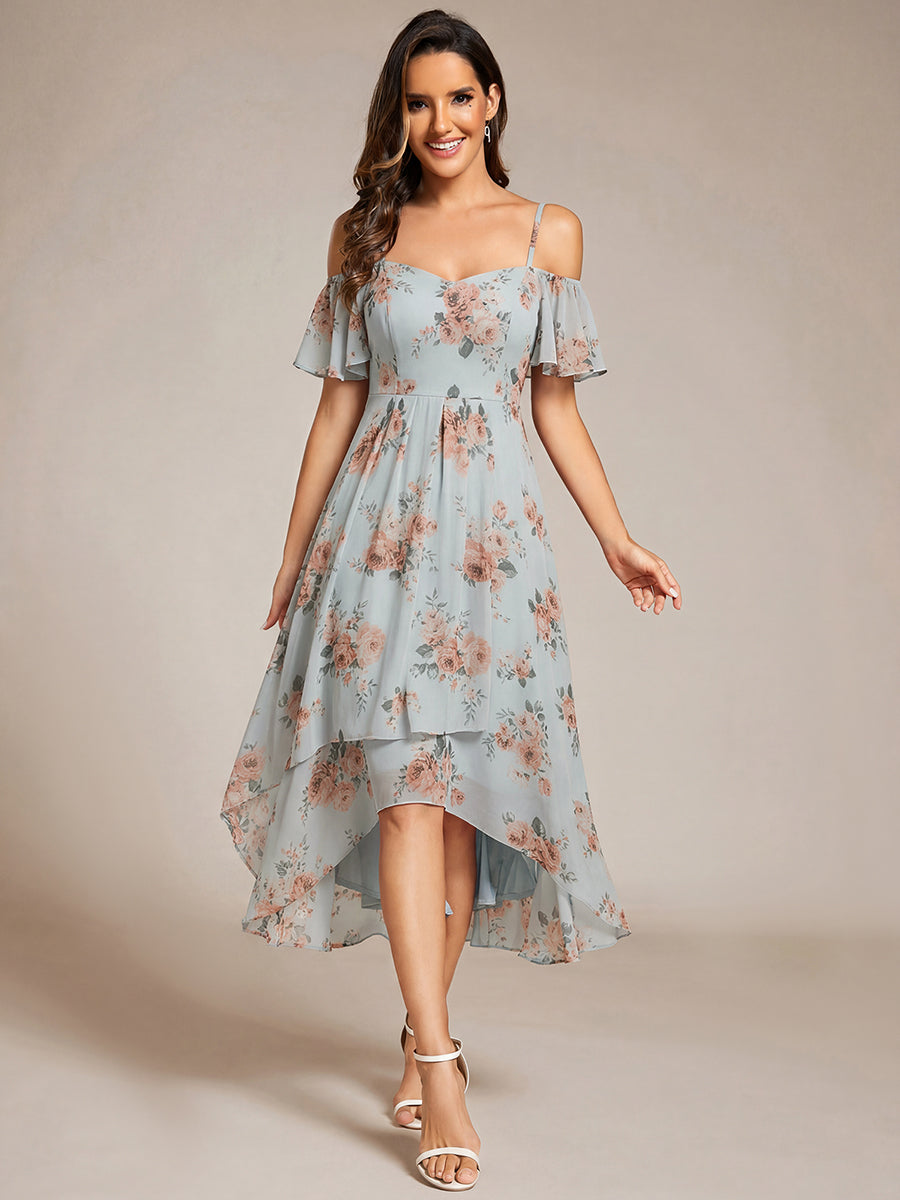 Chiffon Spaghetti Strap Cold Shoulder Tea Length Wedding Guest Dress