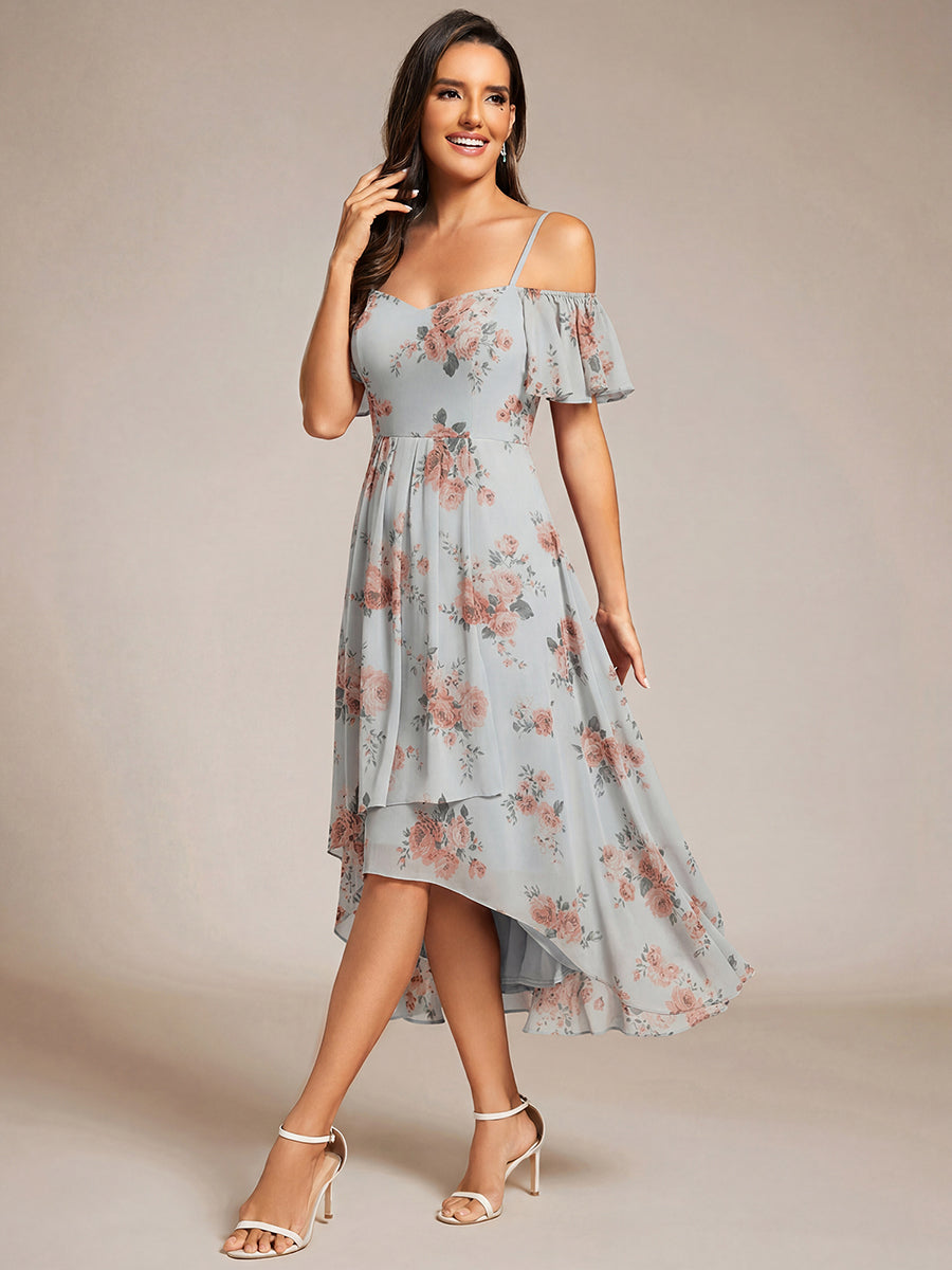 Color=Amber Bloom | Plus Size Chiffon Spaghetti Strap Cold Shoulder Tea Length Wedding Guest Dress-Amber Bloom 4