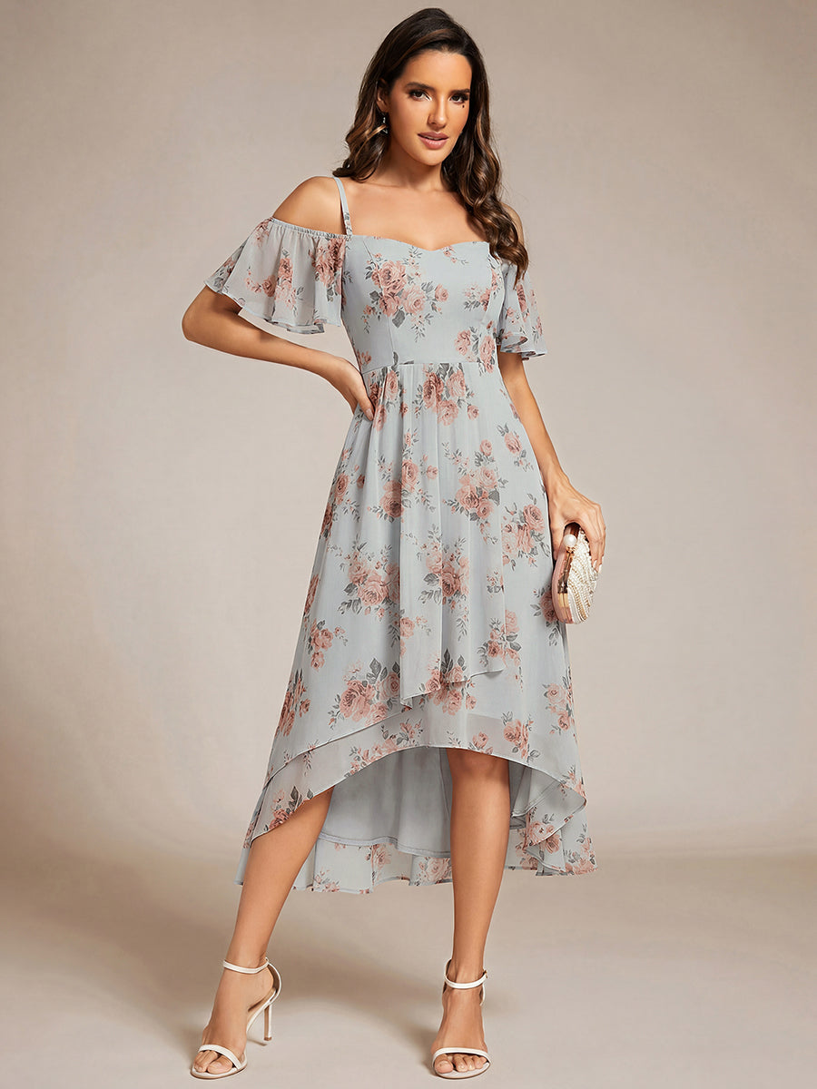 Color=Amber Bloom | Plus Size Chiffon Spaghetti Strap Cold Shoulder Tea Length Wedding Guest Dress-Amber Bloom 5