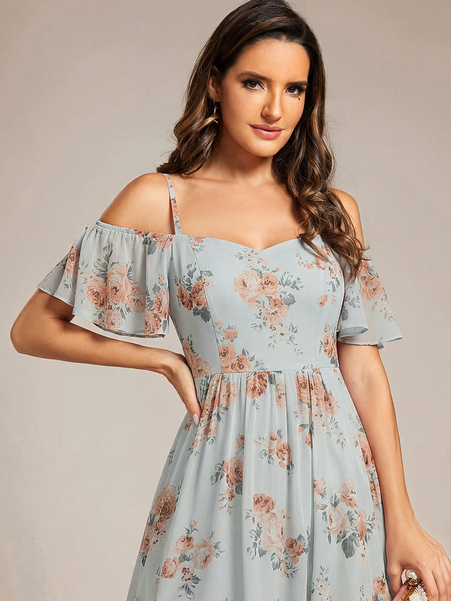 Color=Amber Bloom | Plus Size Chiffon Spaghetti Strap Cold Shoulder Tea Length Wedding Guest Dress-Amber Bloom 6