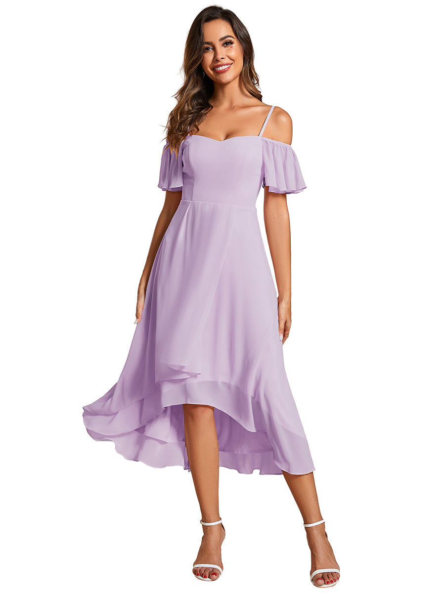 Color=Frosted Lilac | Plus Size Chiffon Spaghetti Strap Cold Shoulder Tea Length Wedding Guest Dress-Frosted Lilac 2